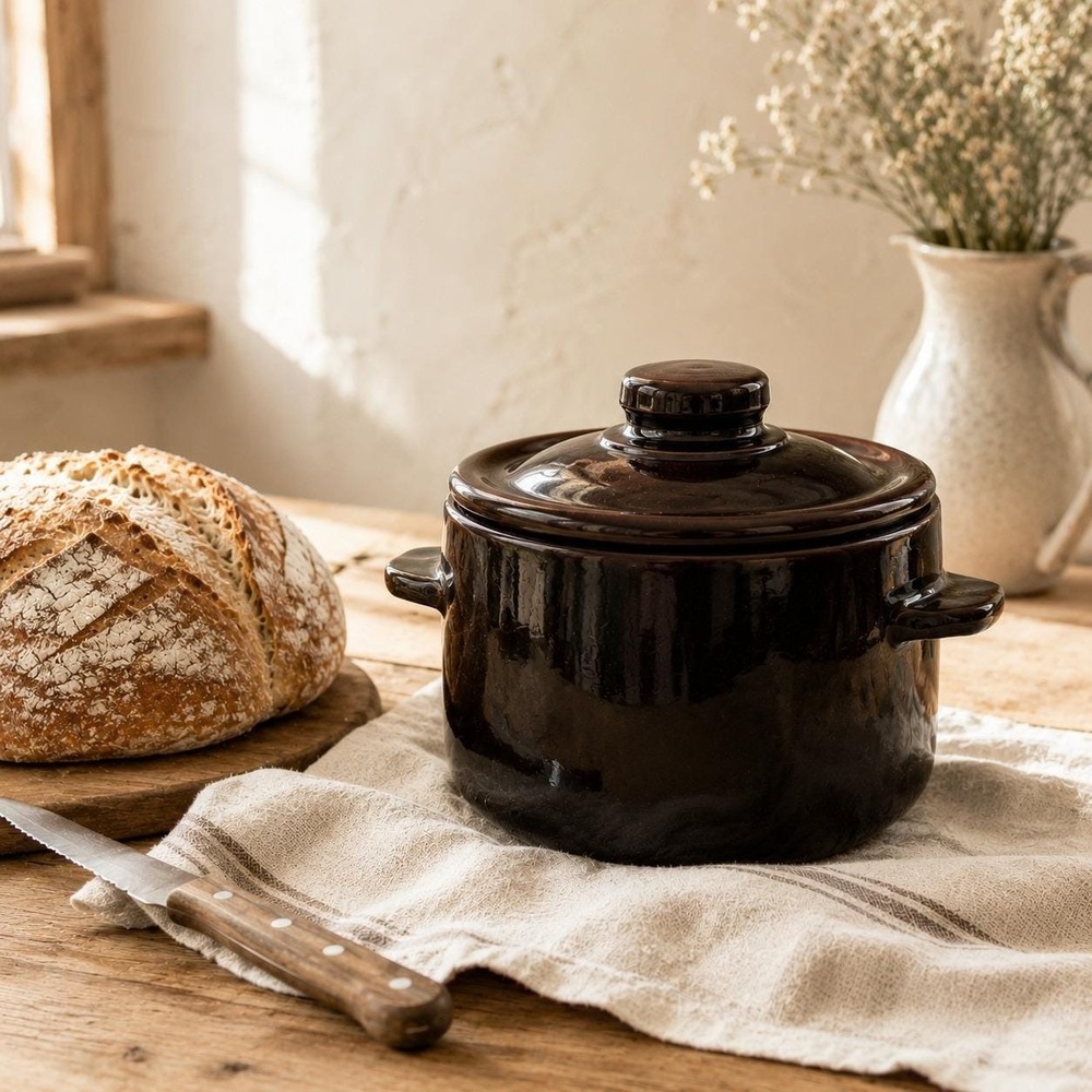 Vintage Brown Drip Glaze Bean Pot with Lid - USA Stoneware - Cottagecore Kitchen
